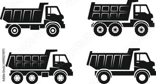 Dump truck vector illustration set, heavy duty construction tipper vehicles side view collection, black and white industrial transport design