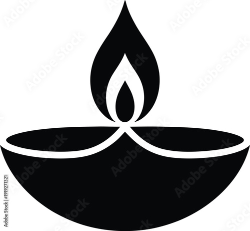 A simple black graphic of a diya with a lit flame on a white background Vector