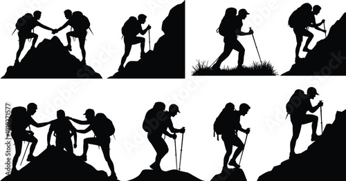 Hiker silhouettes illustration with backpacks, trekking poles, teamwork climbing, mountain adventure exploration concept, outdoor lifestyle, black and white artwork design