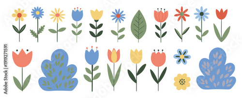 Spring flower and plant set with flat pastel blooms tulips daisies leaves and bushes for seasonal greetings invitations stickers scrapbook pages nursery decor prints and crafts