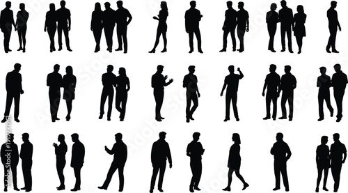 People silhouettes illustration with walking, talking, standing, group interaction, social communication concept, lifestyle posture, black and white artwork design