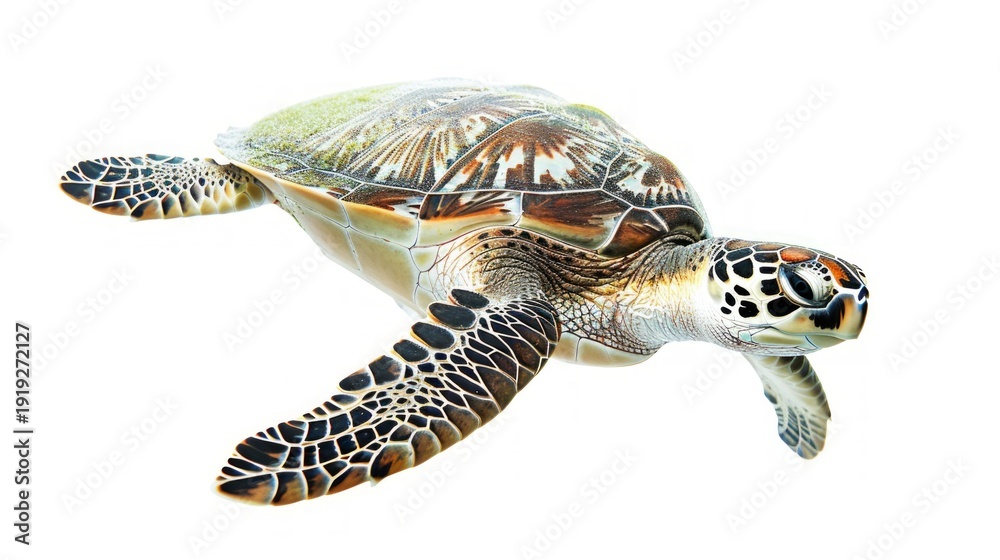Obraz premium A turtle with a unique pattern on its shell swims in clear water — suitable as a background for environmental projects or educational materials about marine fauna.