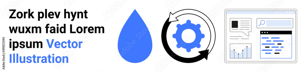 Obraz premium Business workflow, productivity tools, data management, automation, system optimization, technology solutions. Icons of a water drop, gear rotating and a data dashboard. Business workflow