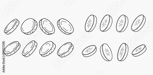 Hand drawn set of banana slices and kiwi slices isolated on transparent background, vector illustration.