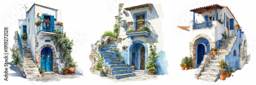 Watercolor Santorini village with white houses, blue houses and Greek island landscapes. Summer Mediterranean posters with sunny Greek island landscapes. Vector illustration.