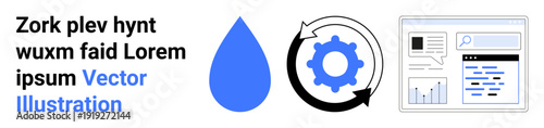 Business workflow, productivity tools, data management, automation, system optimization, technology solutions. Icons of a water drop, gear rotating and a data dashboard. Business workflow