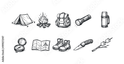 Camping and outdoor flat icon set. Adventure, hiking, travel essentials collection