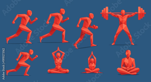 Dynamic running athlete silhouette illustration featuring bold red motion figures performing sprint and training actions in modern flat vector style, energetic sports performance concept artwork, edit
