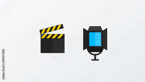 Movie clapperboard and studio spotlight icons representing film production and cinematography equipment on a light gray background