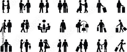 Silhouettes illustration with people traveling, shopping, handshake, luggage, social interaction, lifestyle communication concept, black and white artwork design