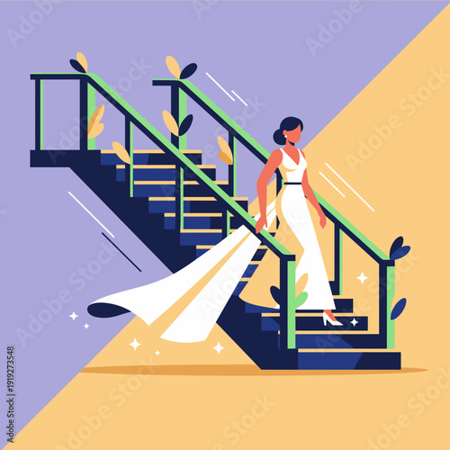 Young woman walking down stairs in elegant white wedding dress  