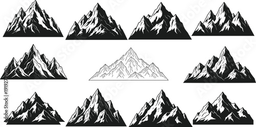 Mountain peaks collection vector illustration, black and white hand drawn alpine landscape silhouettes isolated set for logo design, tattoo, and outdoor branding