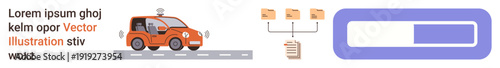 Autonomous vehicles, data transmission, digital workflow, system automation, progress metrics, technology advancement. A self-driving car, data flow diagram and progress bar. Autonomous vehicles