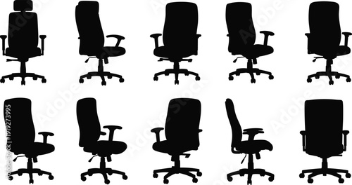 Office chair silhouette collection set, ergonomic swivel desk seats in multiple angles isolated black vector illustration for furniture design and workplace interior graphics