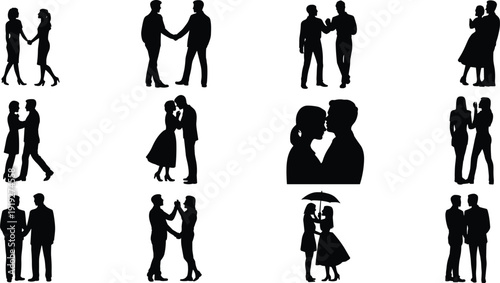 Couple silhouettes illustration with diverse pairs, umbrella gesture, romantic interaction, love, intimacy, relationship concept, black and white artwork design