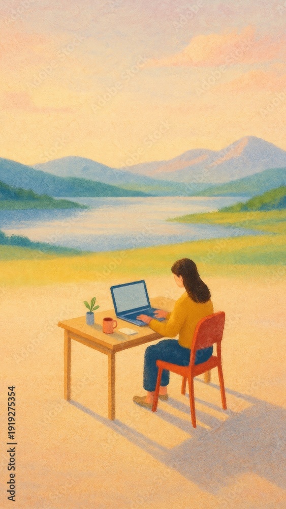 Fototapeta premium Serene remote work landscape mobile wallpaper