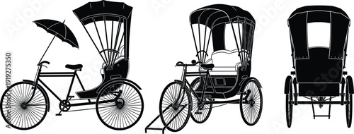 Traditional rickshaw bicycle vector illustration collection, vintage Asian pedal taxi with canopy shown in side, perspective and rear views isolated silhouette