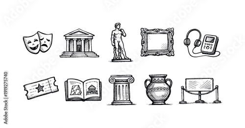 Theater, museum outline icon set. Art, culture, entertainment line icons collection