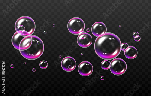 Realistic soap bubbles PNG. Flying soap bubbles on an isolated transparent background. Bubbles from foam or detergent.