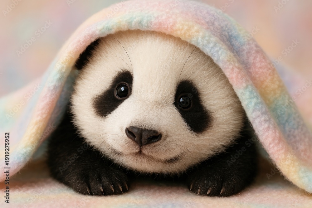 Fototapeta premium Adorable panda under blanket.