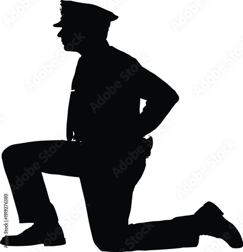 Black silhouette of a police officer in uniform kneeling on one knee, representing law enforcement, authority, public service, respect, and peaceful protest