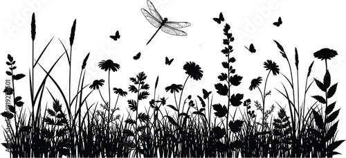 Black silhouette of meadow flowers and wild grass with flying butterflies and a dragonfly, nature field landscape border isolated on white background