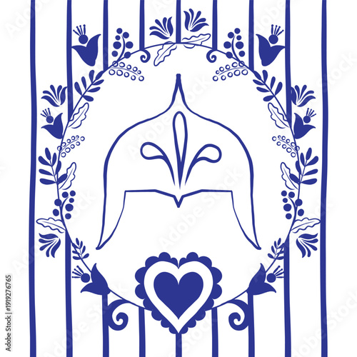 Wedding card, a la rus, helmet blue, Slavic wedding