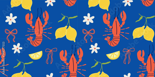 Tropical pattern with red lobster and lemons, spring flower graphic background with bows, mediterranean fruit and sea life seamless vector illustration on blue.