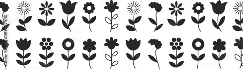 Large collection of black flower silhouettes including tulips and daisies, floral nature plant icons on white background, cad drawing flat vector illustration,t