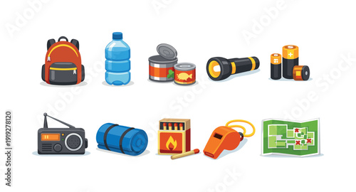 Camping essentials icon set featuring flat style survival gear icons collection