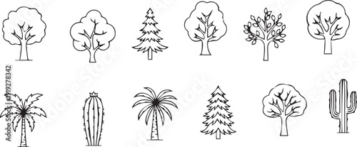A collection of various tree species illustrated in black and white