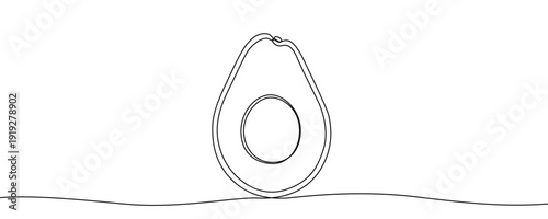 Avocado in one line art style. Drawing of an avocado half with a pit inside, made by a continuous line with editable black stroke on a white background. Vector illustration.