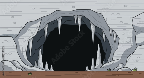 Enigmatic cartoon cave entrance featuring sharp stalactites and a vast dark void, creating an eerie yet inviting portal to an underground realm,