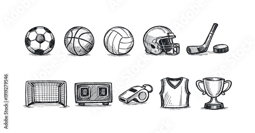 Sports equipment sketch icon set. Hand-drawn athletic outline icons collection