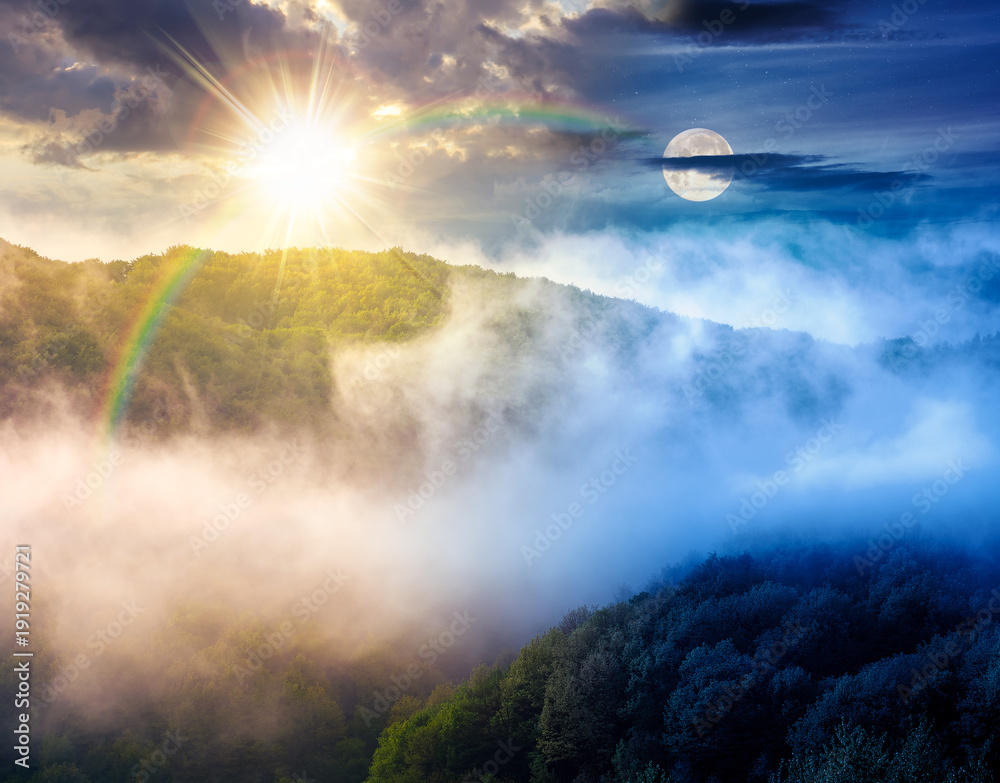Fototapeta premium mountain landscape with cold fog. day and night time change concept. low clouds over the forested hill with sun and moon. outdoor scenery in spring for remote highland ecotourism. wonderful greenery