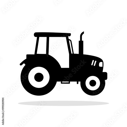 Black silhouette icon of an agricultural tractor with an exhaust pipe and large wheels. A vector illustration symbolizing farming, the agricultural industry, and heavy machinery.