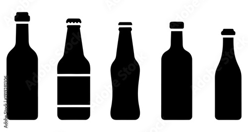 Set of black silhouette icons of glass bottles in various shapes for drinks. Vector illustration suitable for menu design, bars, and packaging.