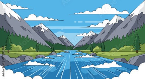 Majestic cartoon mountain river valley with snow peaks and evergreen forests under a bright blue sky