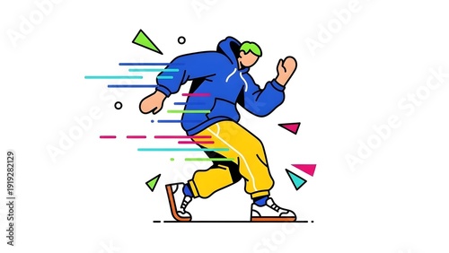 A person running with dynamic motion graphics and vibrant colors, showcasing energetic movement and abstract shapes.