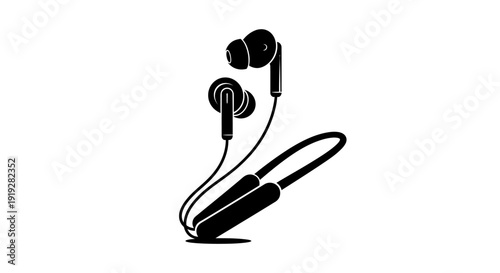 Black wireless earbuds with neckband design and corded earpieces on white background