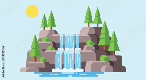 A serene flat design illustration of a vibrant waterfall flowing down peaceful rocky mountainsides adorned with lush green evergreen trees under a