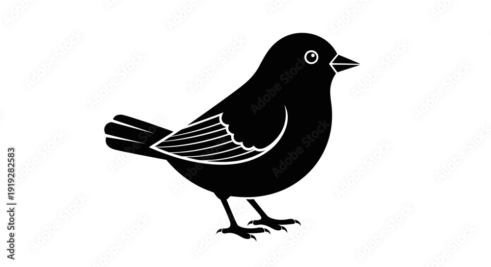 Obraz premium Black bird silhouette standing on white background with outlined wings and eye