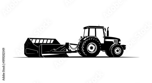 Tractor with front loader attachment in black silhouette on white background for industrial or agricultural concepts