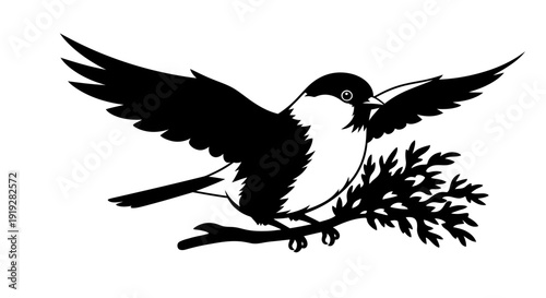 Black silhouette hummingbird in flight on branch with leaves isolated on white background nature symbol