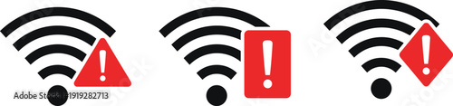Wi-Fi warning icons, connectivity alert, weak signal, network error, red exclamation mark, digital interface design, cad drawing flat vector illustration