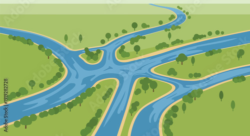 Aerial illustration of complex blue rivers winding through lush green terrain with scattered trees, forming an extensive natural water network