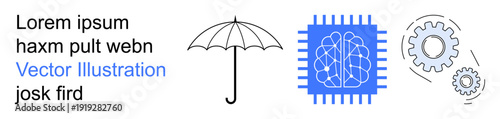 Artificial intelligence, automation, cybersecurity, machine learning, tech innovation, data storage. An umbrella, processing chip with brain and cogwheels illustrated. AI and automation concept