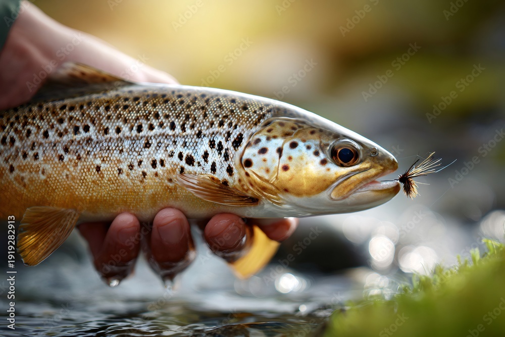 Fototapeta premium Hand holding brown trout from water after fly fishing
