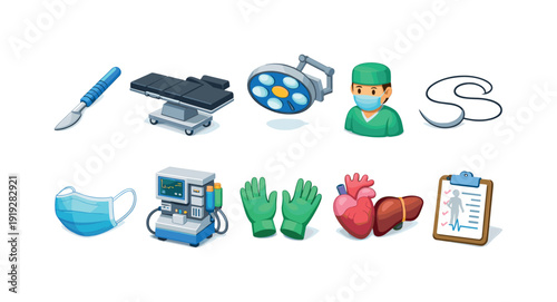Surgery equipment 3d icon set. Medical tools, healthcare 3d icons collection