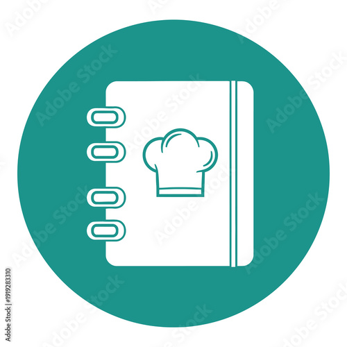 Teal icon of a recipe book with chef hat on cover icon